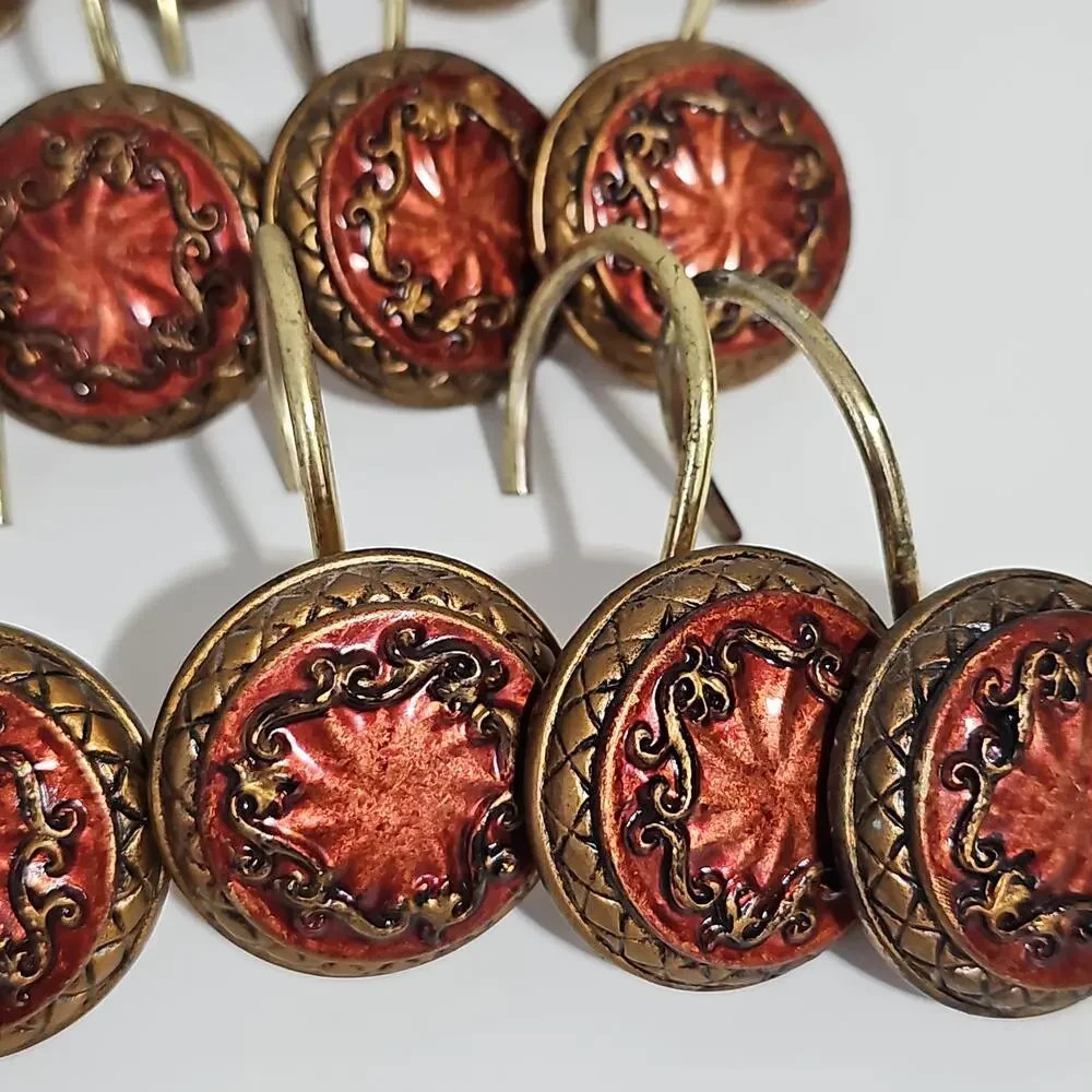 Set of 12 Shower Curtain Hooks Red Gold Ornate Bathroom Decor Whimsy